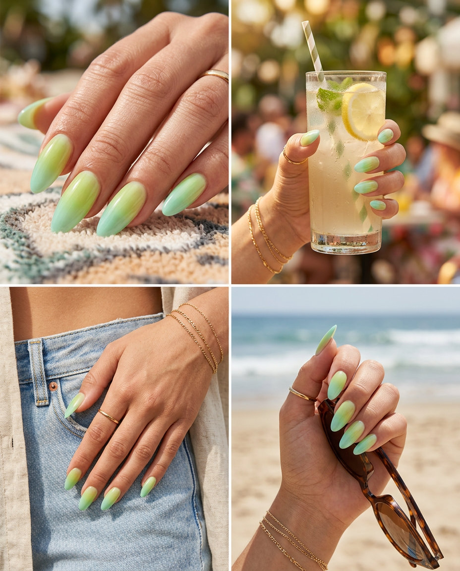 Summer ombre nails 2026: Lime Green to Mint Green jelly ombre for playful festivals.