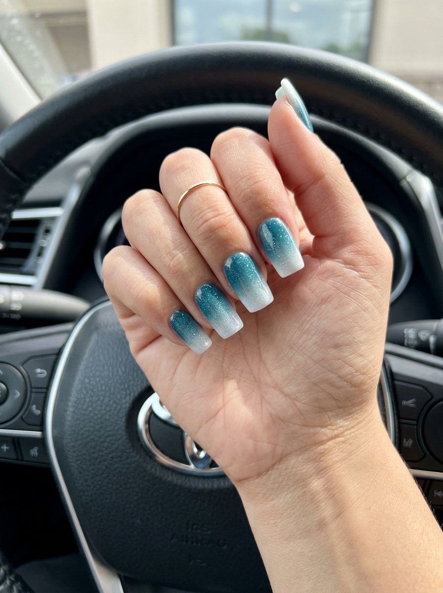 Summer ombre nails 2026: Ocean Teal White Shimmer square nails for sporty chic looks.