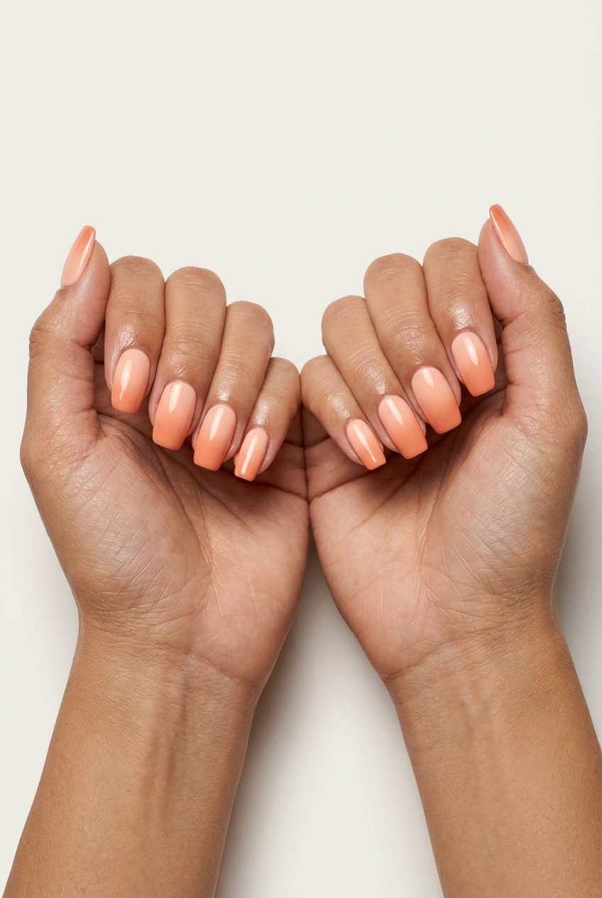 Peachy keen reverse ombre squoval nails for a sophisticated summer event in 2026.