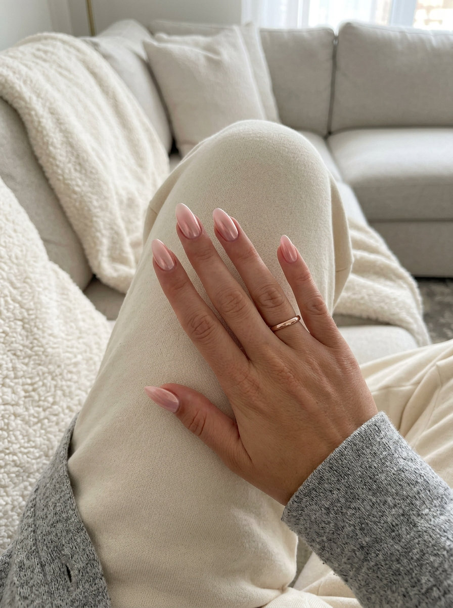 Summer ombre nails 2026: Rose Gold Pearlescent almond nails for romantic bridal showers.