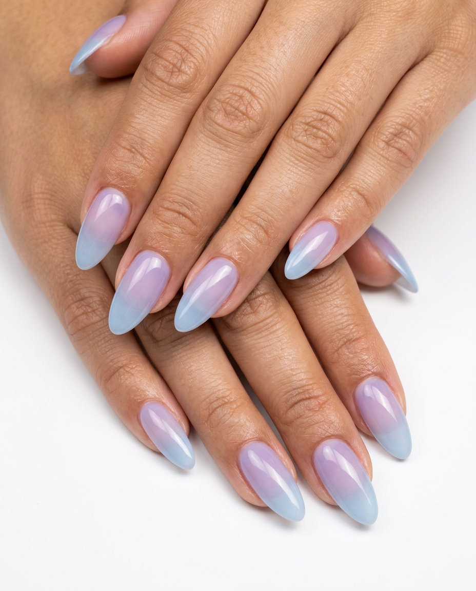 Sheer pastel veil gradient nails in lavender and baby blue for a whimsical summer event in 2026.