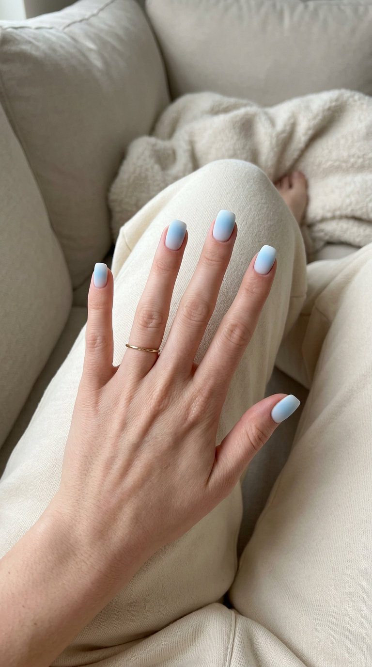 Summer ombre nails 2026: Sky Blue to White Cloud matte ombre for relaxed weekend vibes.