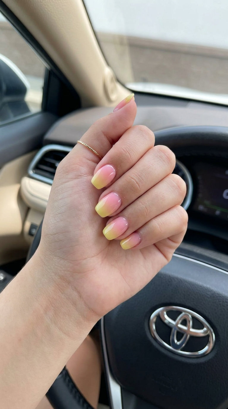 Strawberry lemonade pink and yellow ombre nails for a sweet summer picnic in 2026.