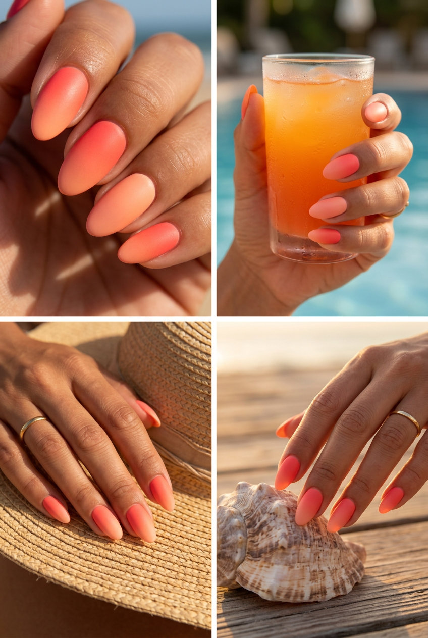 Summer ombre nails 2026: Sunset Orange to Pink satin ombre for sophisticated evenings.