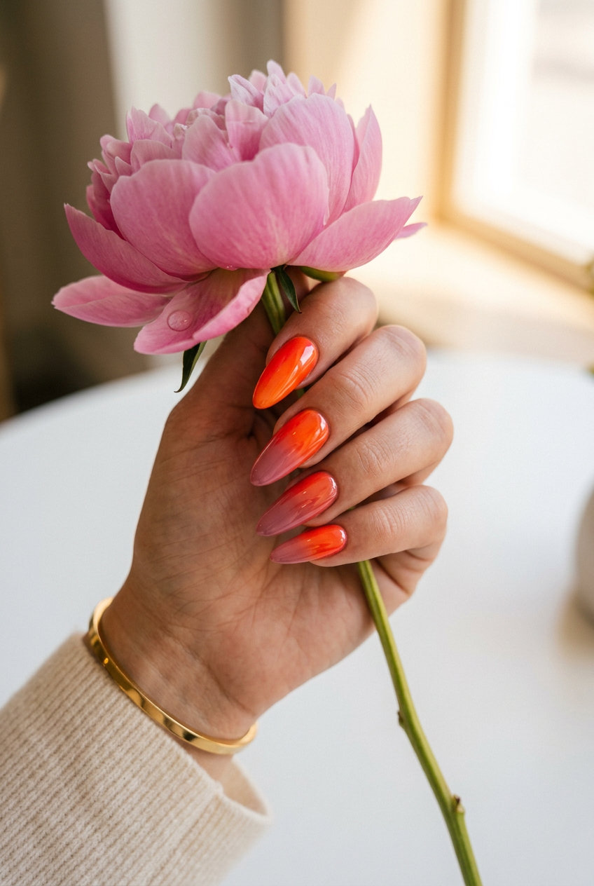 Tropical sunset blend ombre nails in orange and pink for a vibrant summer party in 2026.