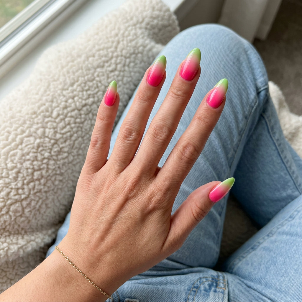 Watermelon rind diffused ombre nails in pink and green for a fun summer party in 2026.