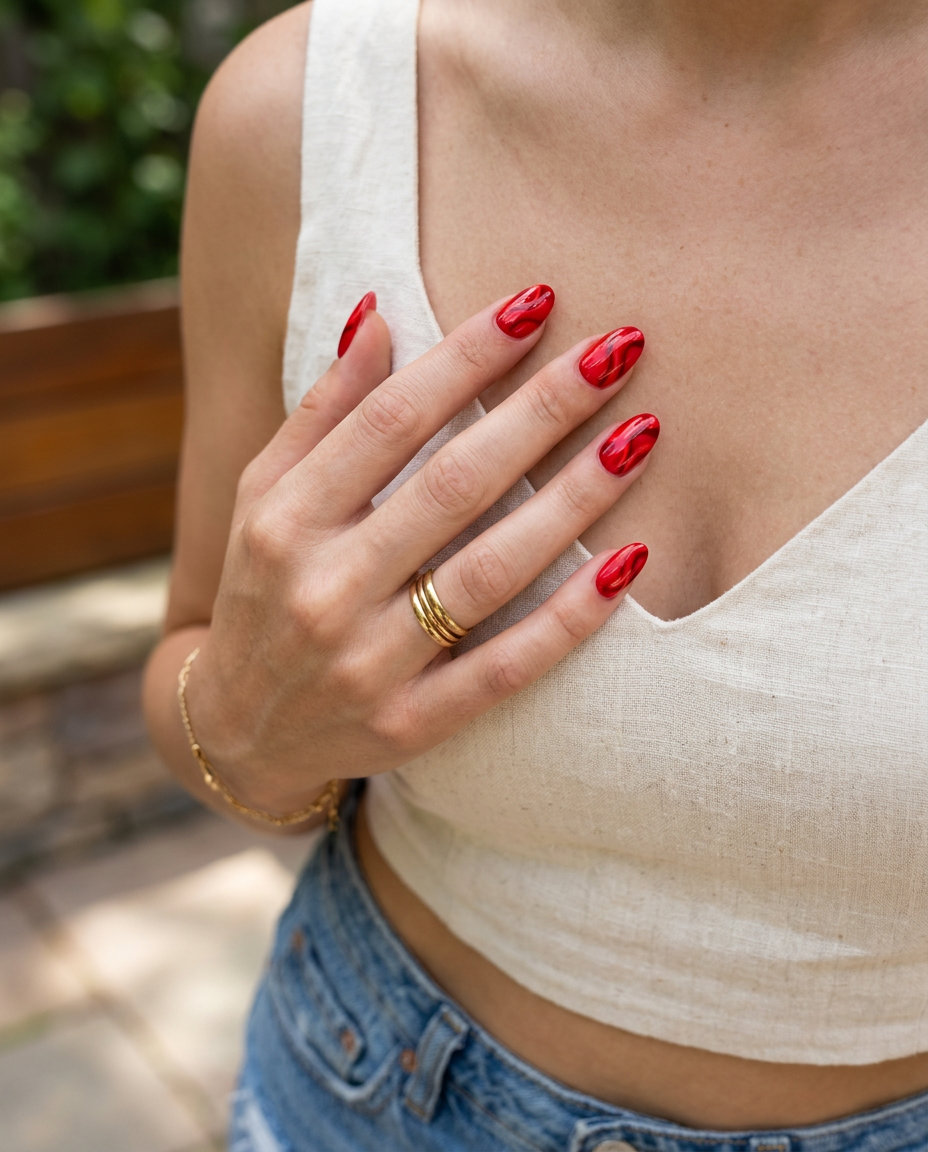 Summer Red Nails 2026: Artistic Red Swirls Vibrant abstract red swirls nails for summer red nails 2026. Playful and artistic for festivals.