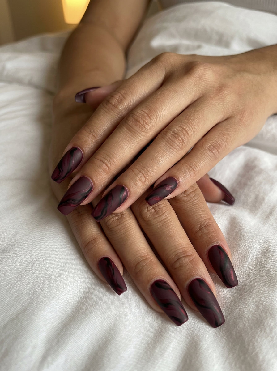 Deep Burgundy Marble Swirls Nails 2026: Sultry Night Out Deep Burgundy Marble Swirls nails for summer 2026. Sultry, sophisticated, and artistic for nights out.