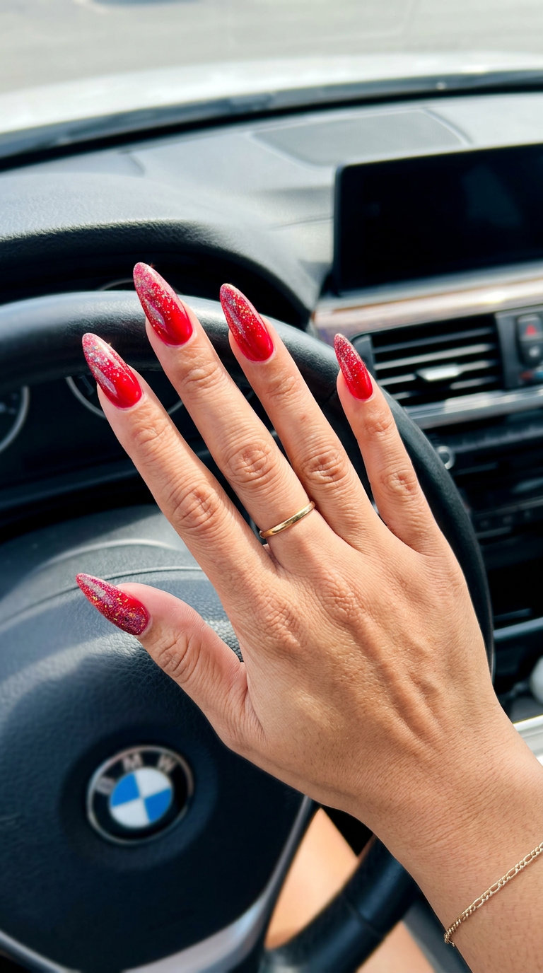 Cherry Red Glitter Gradient nails for summer 2026. Edgy, sparkly, and vibrant for festivals.