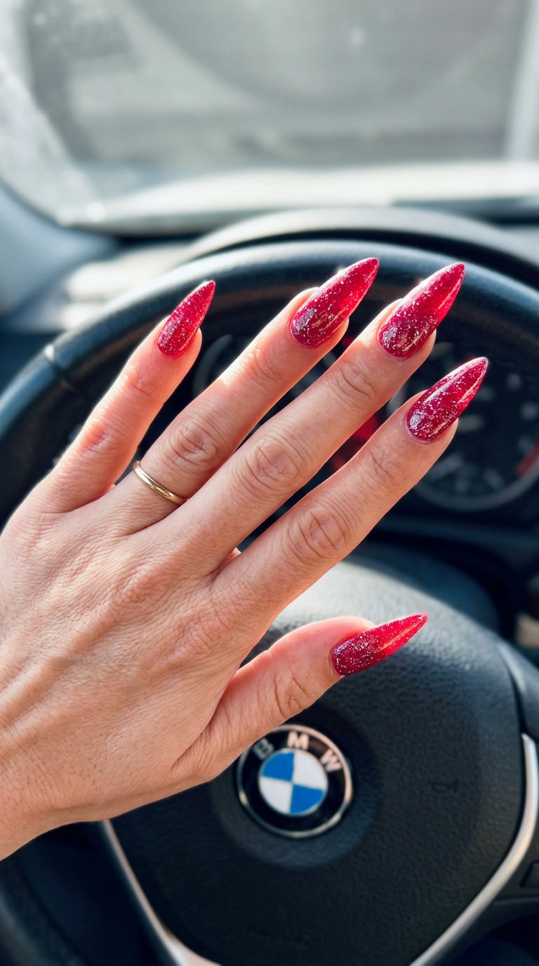 Crimson Red Glitter Shimmer Nails 2026: Party Sparkle Crimson Red Glitter Shimmer nails for summer 2026. Glamorous, festive, and bold for parties.