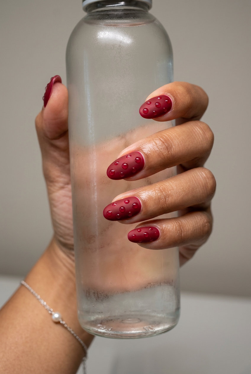 Summer Red Nails 2026: Chic Crimson Textured Dots Crimson red textured dots nails for summer red nails 2026. Modern and chic for sophisticated events.