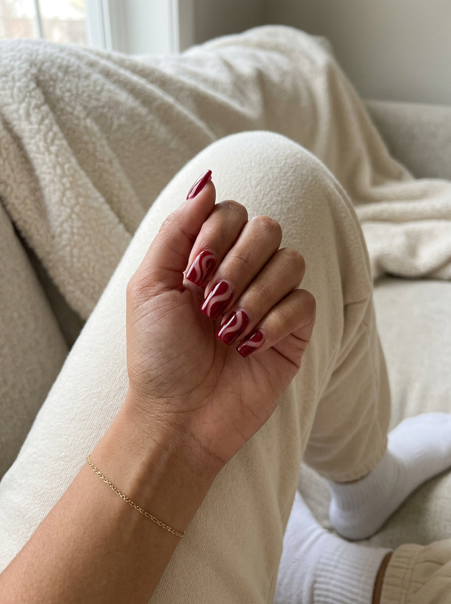 Deep Cherry Negative Space Swirls Nails 2026: Chic Daily Deep Cherry Negative Space Swirls nails for summer 2026. Modern, chic, and edgy for daily wear.