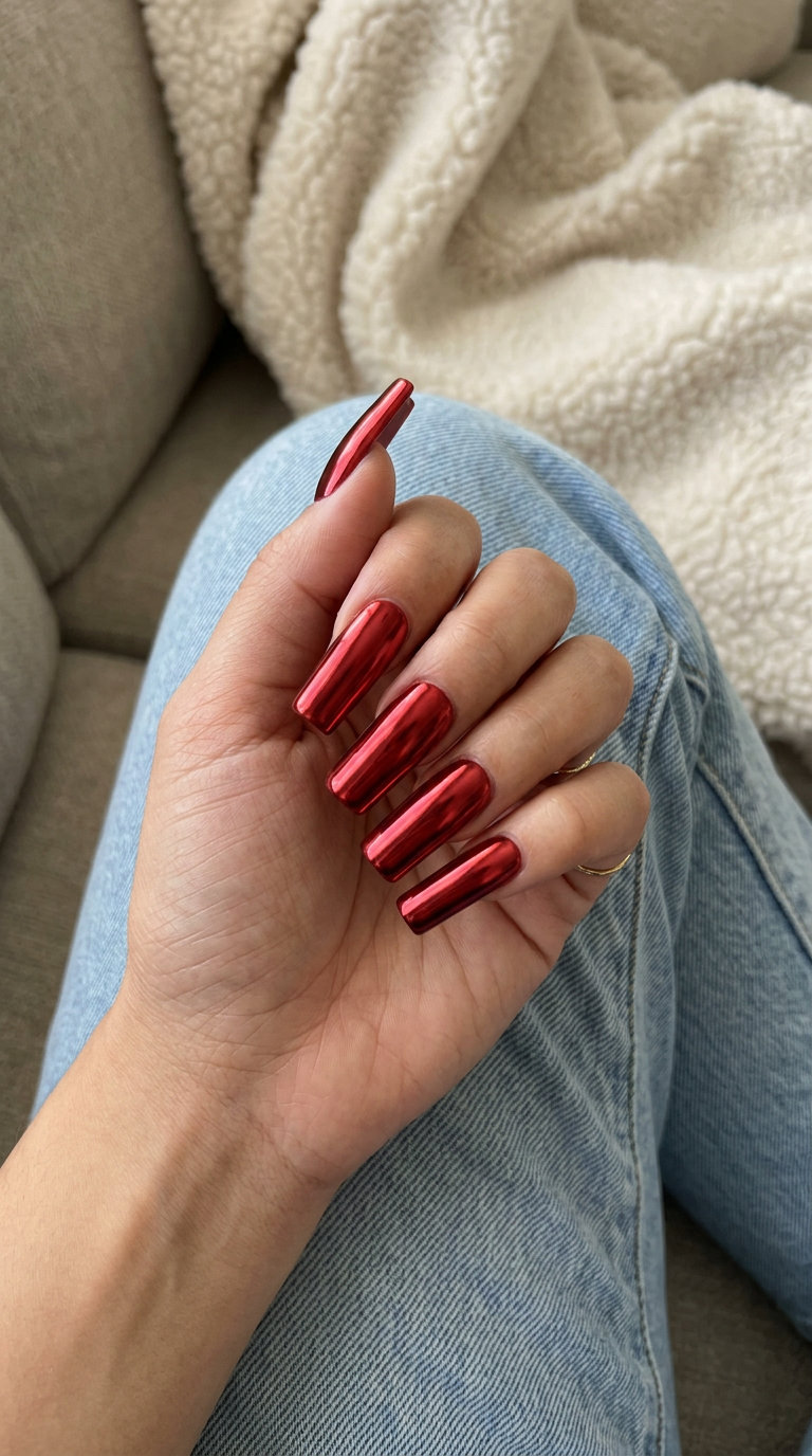 Metallic Red Flare Futuristic Nails 2026: Edgy Festival Metallic Red Flare Futuristic nails for summer 2026. Futuristic, edgy, and bold for festivals.