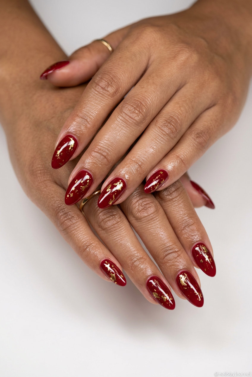 Red & Gold Foil Flake Nails 2026 | Evening Glam Style Luxurious deep red and gold foil flake nails for summer red nails 2026, perfect for date night.