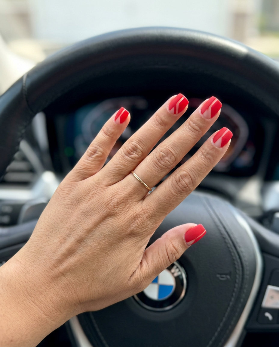 Summer Red Nails 2026: Modern Scarlet Matte Lines Scarlet red negative space lines with matte finish for summer red nails 2026. Modern and minimalist.