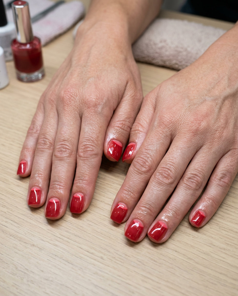 Summer Red Nails 2026: Elegant Sheer Reverse French Sheer red reverse French manicure for summer red nails 2026. Minimalist and elegant for work or casual outings.