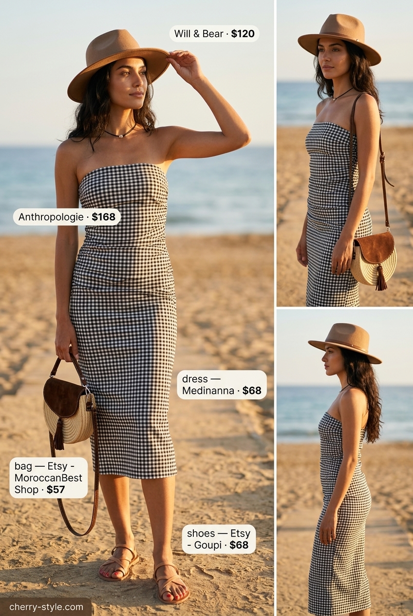 Boho Strapless Romper Festival Style 2026 Summer Strapless Dress Outfits for Women 2026: Terracotta strapless romper with gladiator sandals and a felt hat for a festival.