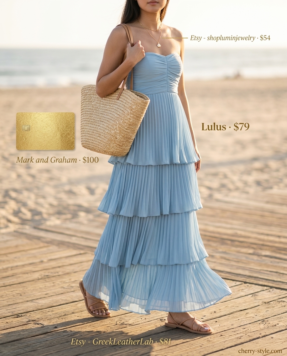 Coastal Strapless Maxi Beach Day 2026 Summer Strapless Dress Outfits for Women 2026: Sky Blue tiered maxi dress with tan sandals for a beach day.