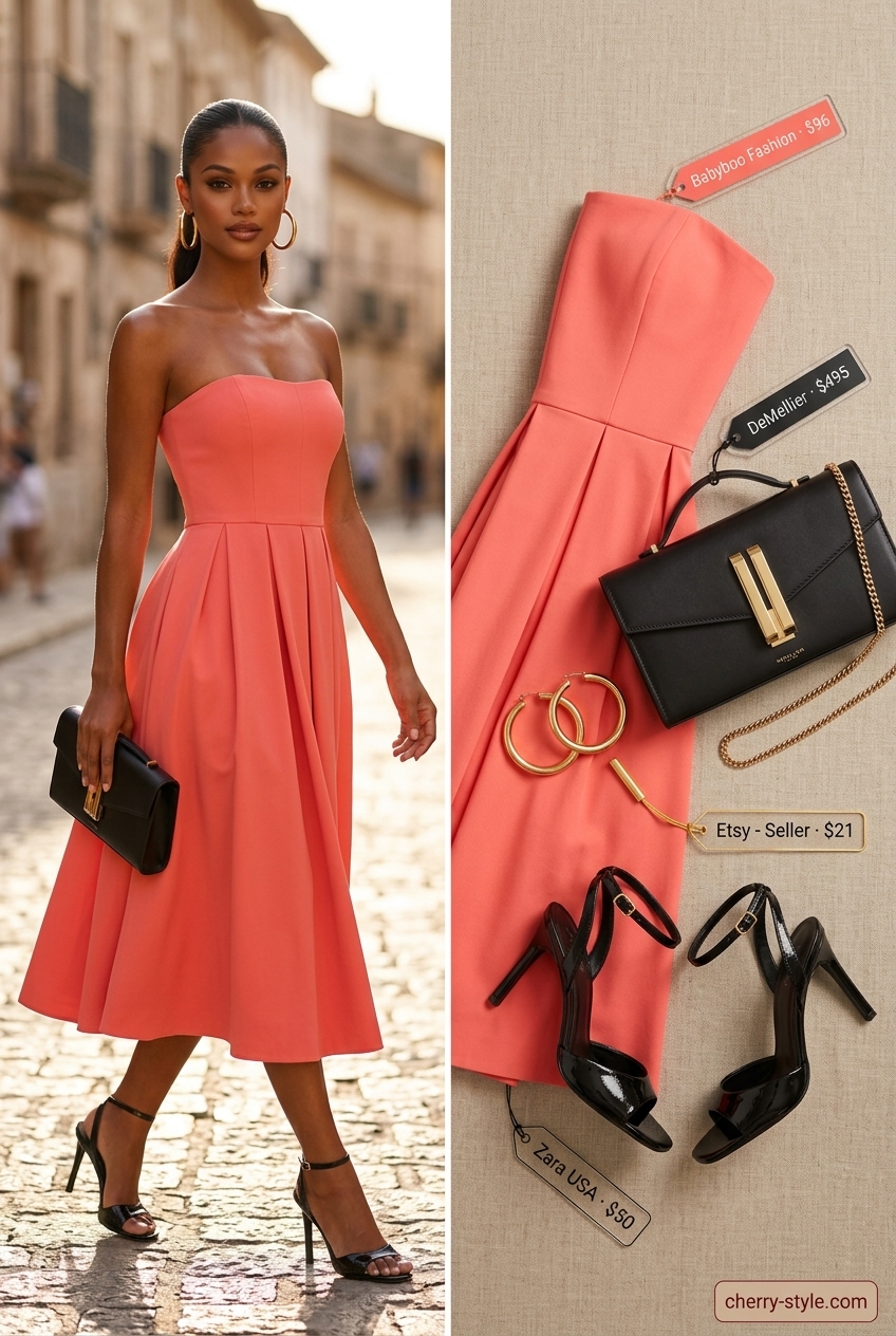 Vibrant Strapless Dress Date Night 2026 Summer Strapless Dress Outfits for Women 2026: Coral strapless midi dress with black heels for a date night.