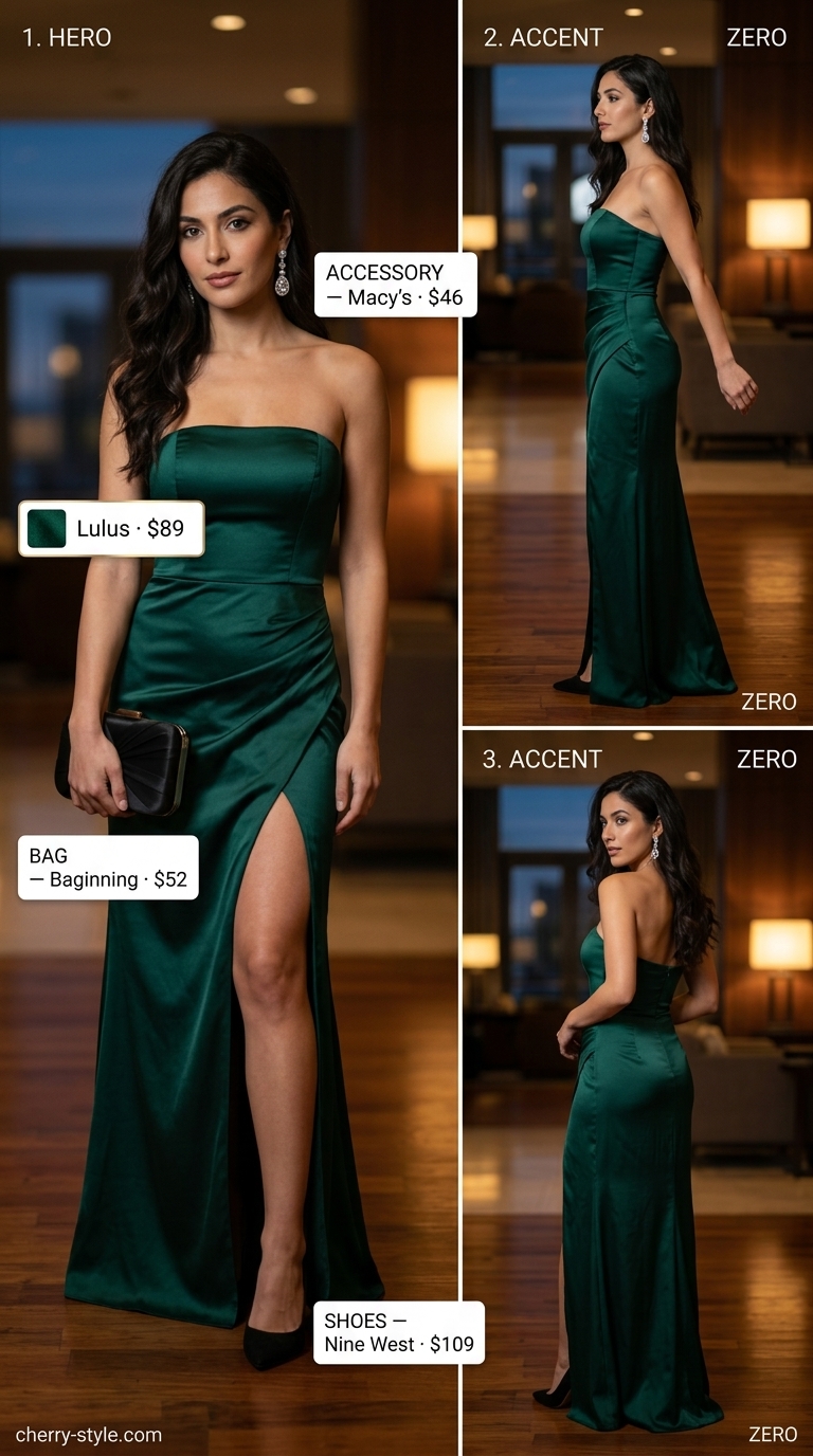 Elegant Strapless Dress Formal Event 2026 Summer Strapless Dress Outfits for Women 2026: Emerald green slip dress with silver earrings and black stilettos for a formal event.
