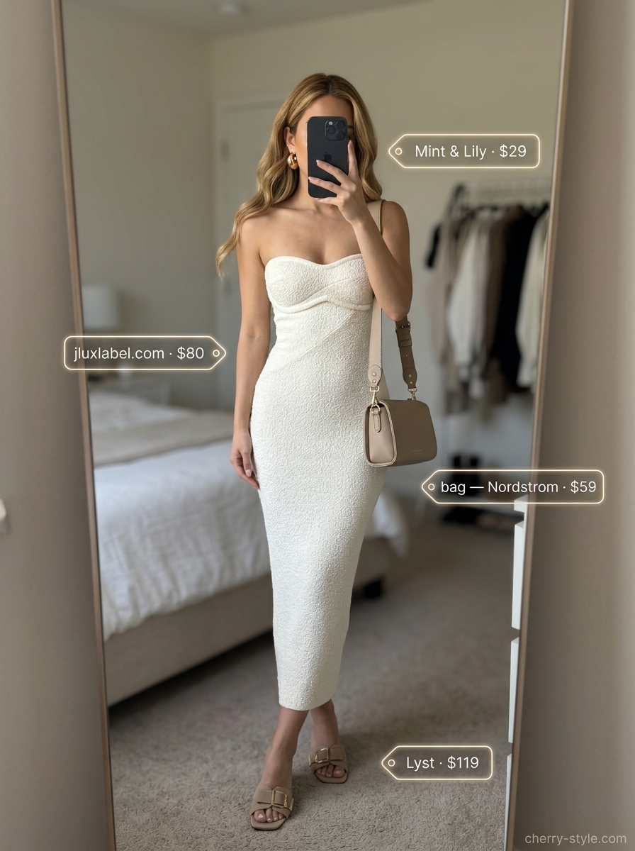 Modern Strapless Dress Cocktail Party 2026 Summer Strapless Dress Outfits for Women 2026: Ivory column midi dress with gold hoops and mules for a cocktail party.