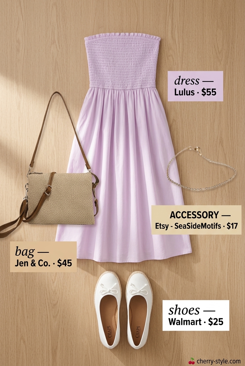 Pastel Strapless Sundress Picnic 2026 Summer Strapless Dress Outfits for Women 2026: Pastel Lavender smocked sundress with espadrille flats for a picnic.