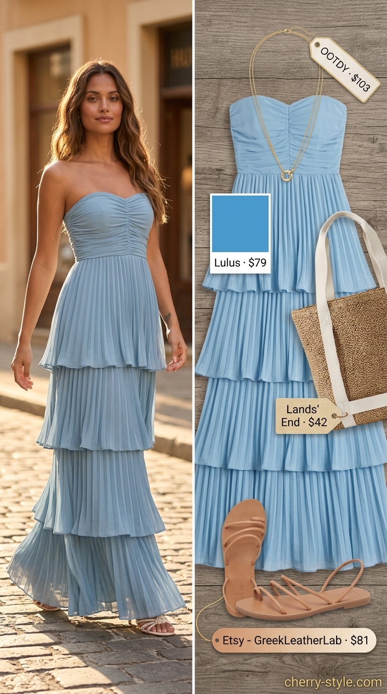 Chic Strapless Maxi Resort Wear 2026 Summer Strapless Dress Outfits for Women 2026: Sky Blue maxi dress with beige straw tote for resort wear.