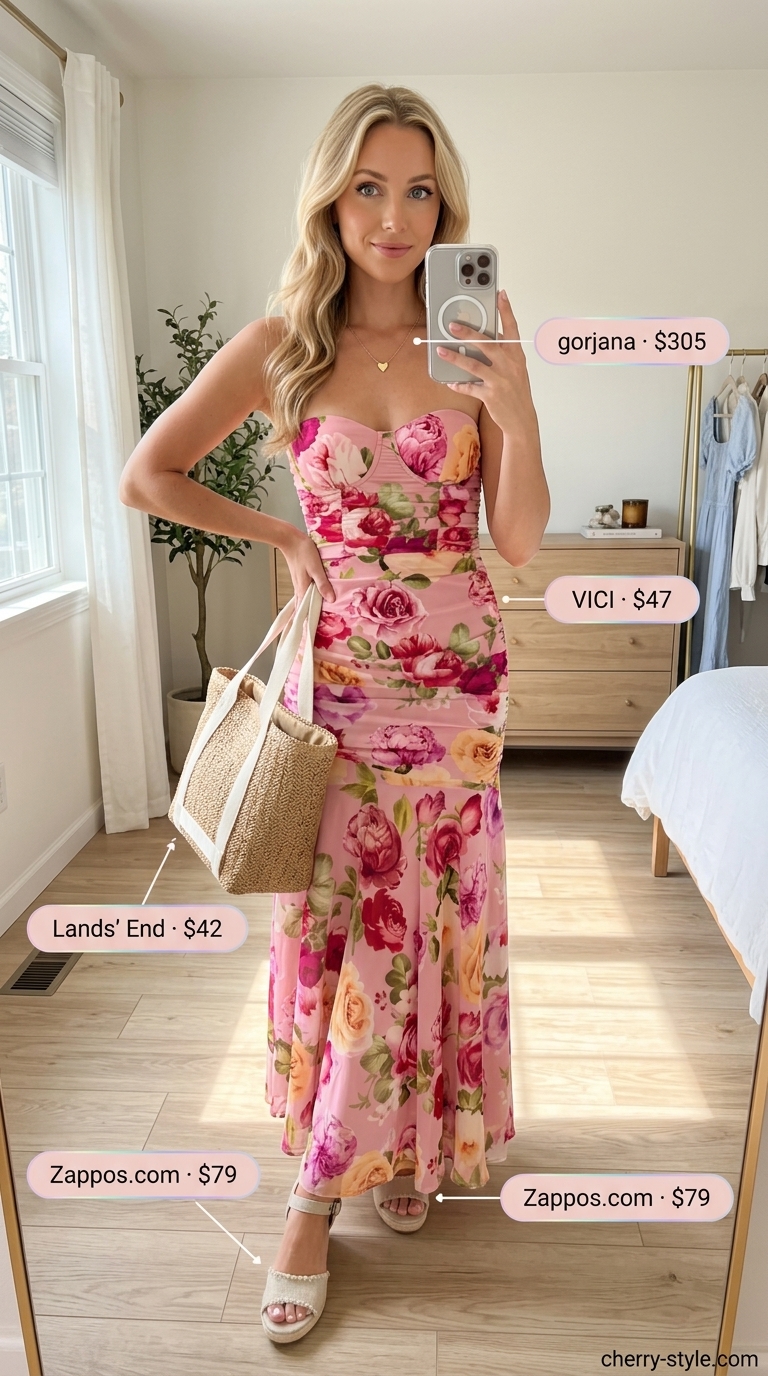 Romantic Strapless Dress Garden Party 2026 Summer Strapless Dress Outfits for Women 2026: Blush pink floral strapless midi dress with espadrille wedges for a garden party.