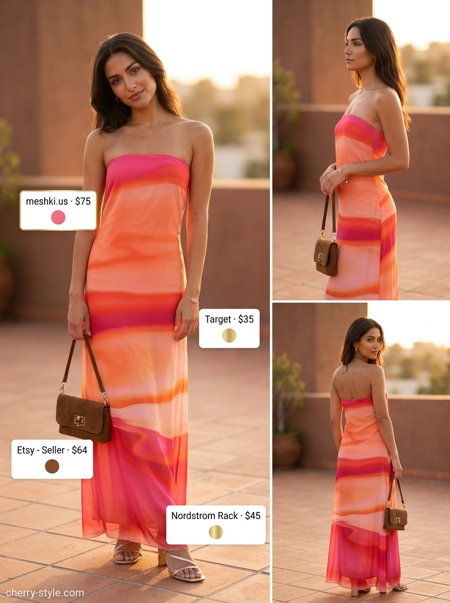 Sunset Strapless Dress Wedding Guest 2026 Summer Strapless Dress Outfits for Women 2026: Sunset Gradient wrap dress with gold sandals for a wedding guest.