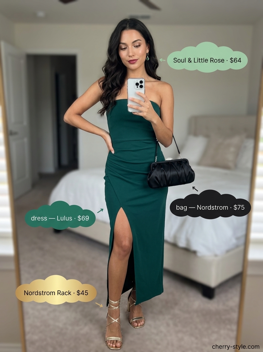 Bold Strapless Dress Cocktail Party 2026 Summer Strapless Dress Outfits for Women 2026: Emerald green sheath dress with gold statement earrings for a cocktail party.