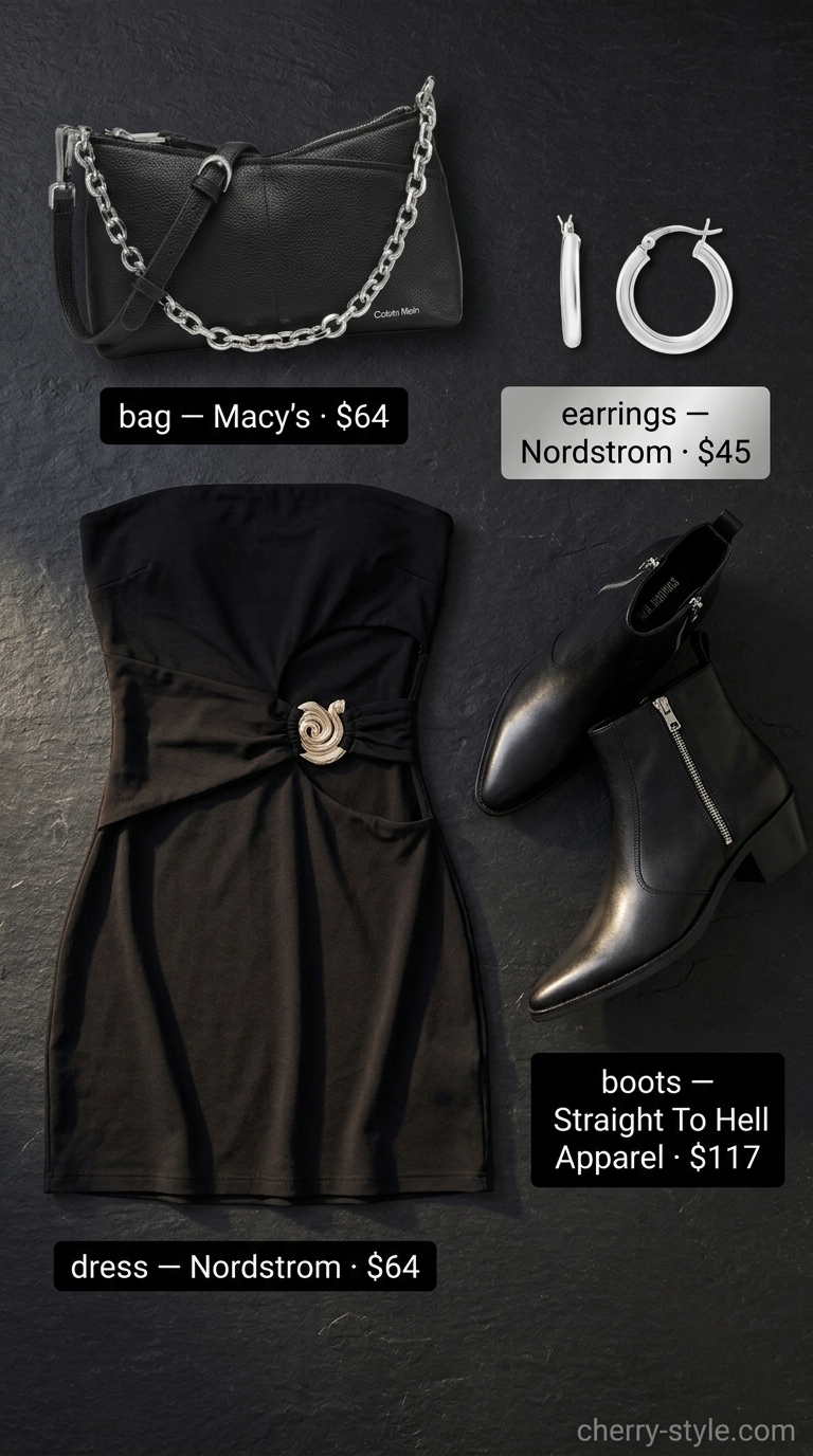 Edgy Summer Strapless Dress 2026 Edgy black strapless mini dress outfit for summer nights 2026. Modern confident style with leather boots and hoop earrings.