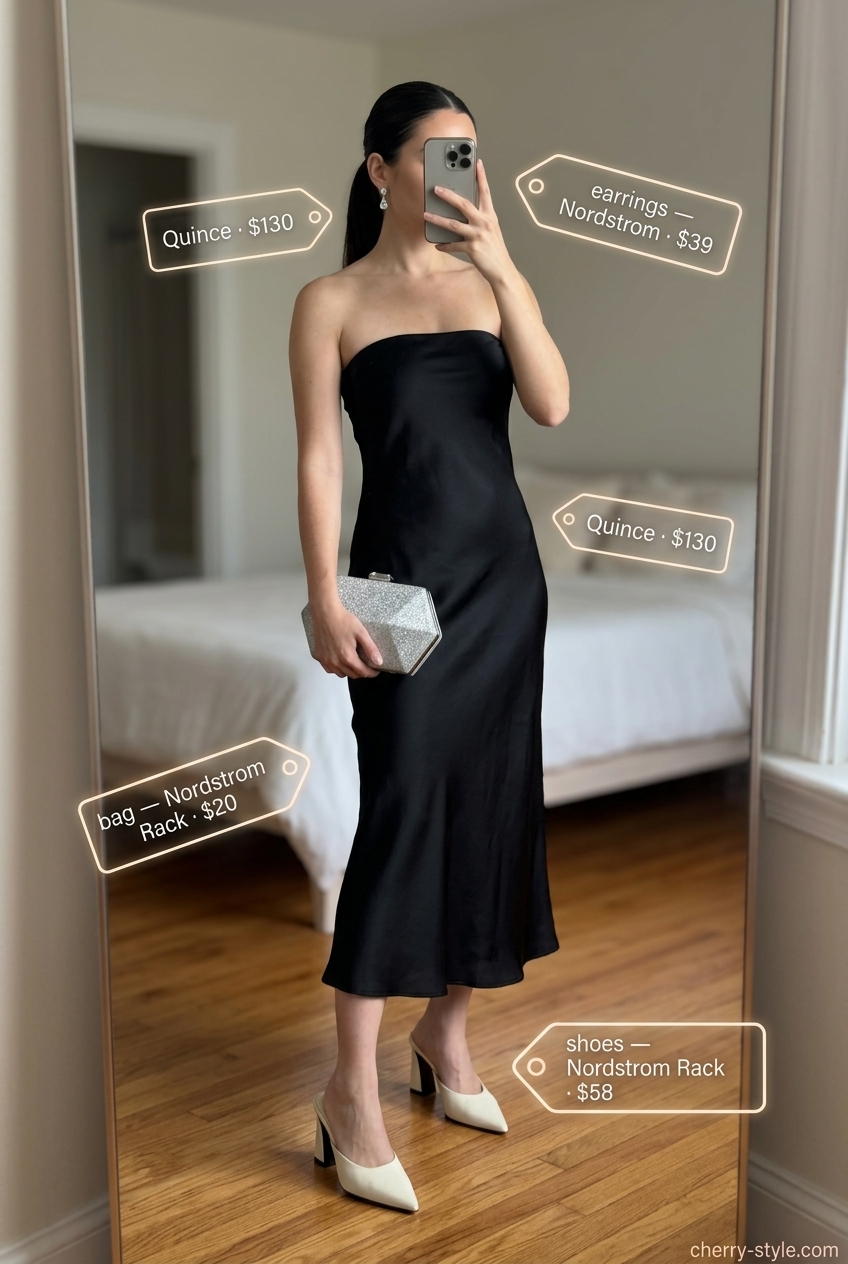Elegant Summer Strapless Dress 2026 Elegant black strapless midi dress outfit for formal summer events 2026. Sophisticated style with silver clutch and heeled mules.