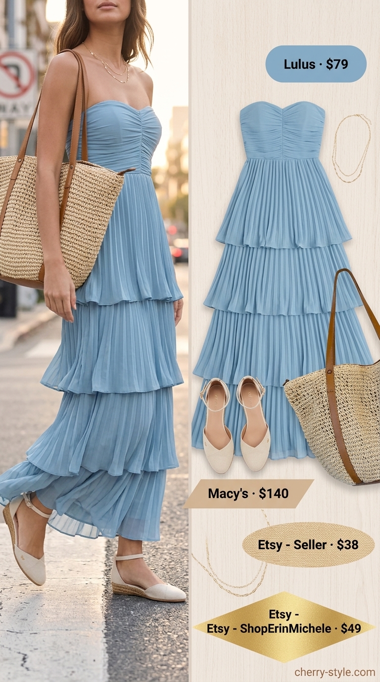 Coastal Breeze Strapless Dress Outfits 2026 Relaxed sky blue strapless maxi dress outfit for beach brunch or vacation 2026.