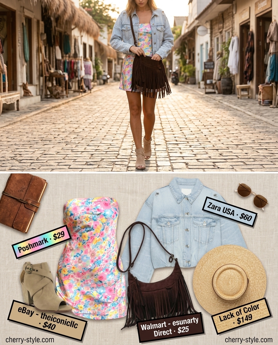 Boho Summer Strapless Dress 2026 Boho pastel floral strapless mini dress outfit for summer 2026. Playful style with denim jacket and ankle boots.