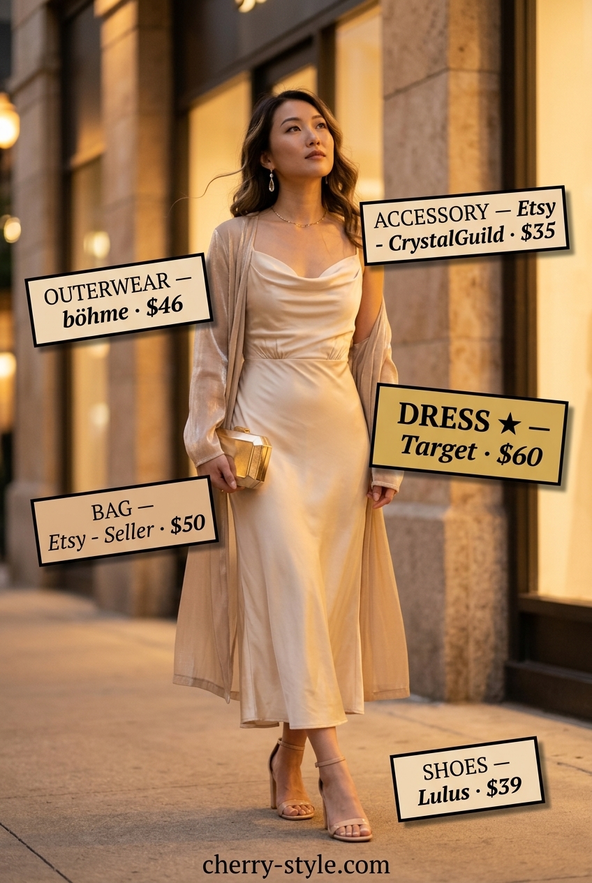Golden Hour Strapless Dress Outfits 2026 Elegant champagne gold silk strapless slip dress outfit for summer evenings 2026.