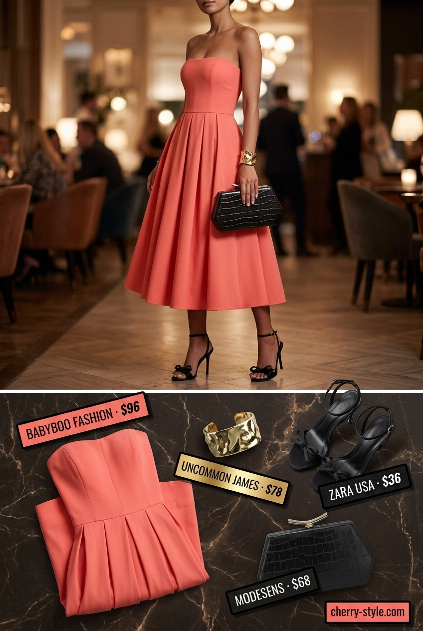 Urban Sunset Strapless Dress Outfits 2026 Glamorous coral strapless midi dress for summer date night or cocktail party 2026.
