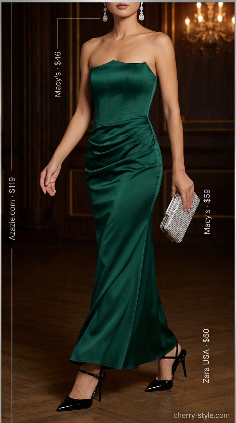 Evening Elegance Strapless Dress Outfits 2026 Elegant emerald green strapless column maxi dress outfit for formal events 2026.