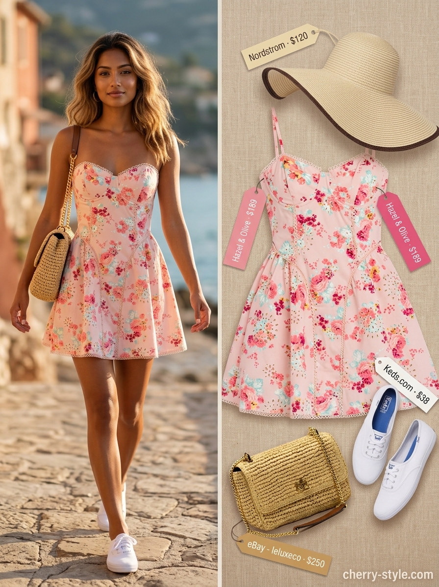 Tropical Getaway Strapless Dress Outfits 2026 Playful floral strapless mini dress outfit for summer vacation or party 2026.