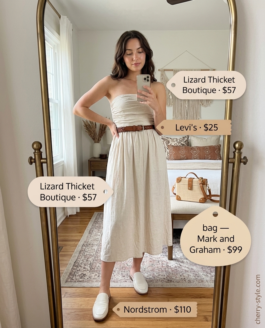 Chic Linen Strapless Dress Outfits 2026 Chic natural beige linen strapless midi dress outfit for summer day outs 2026.