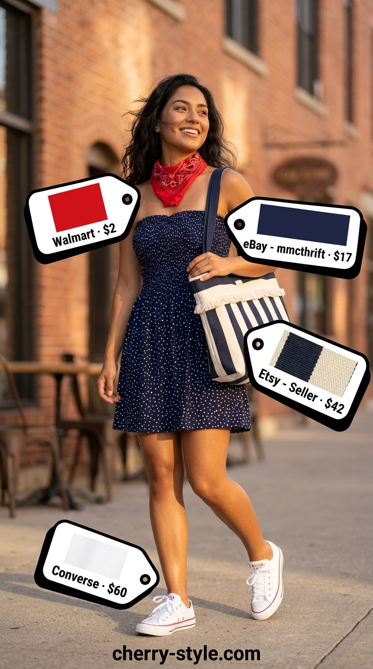 Playful Summer Strapless Dress 2026 Playful navy polka dot strapless sundress outfit for summer brunch 2026. Casual sweet style with sneakers and tote bag.