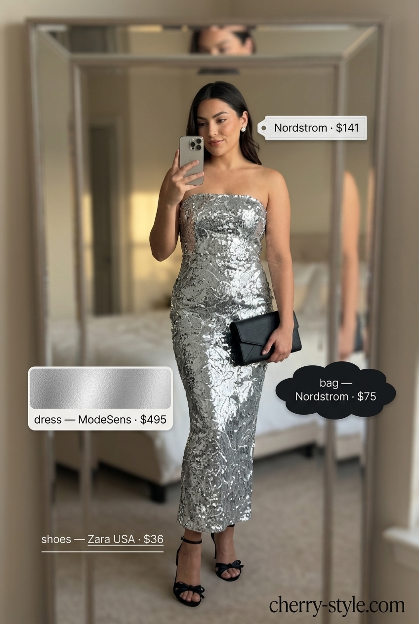 Glamorous Evening Strapless Dress Outfits 2026 Glamorous silver sequin strapless midi dress outfit for a night out 2026.