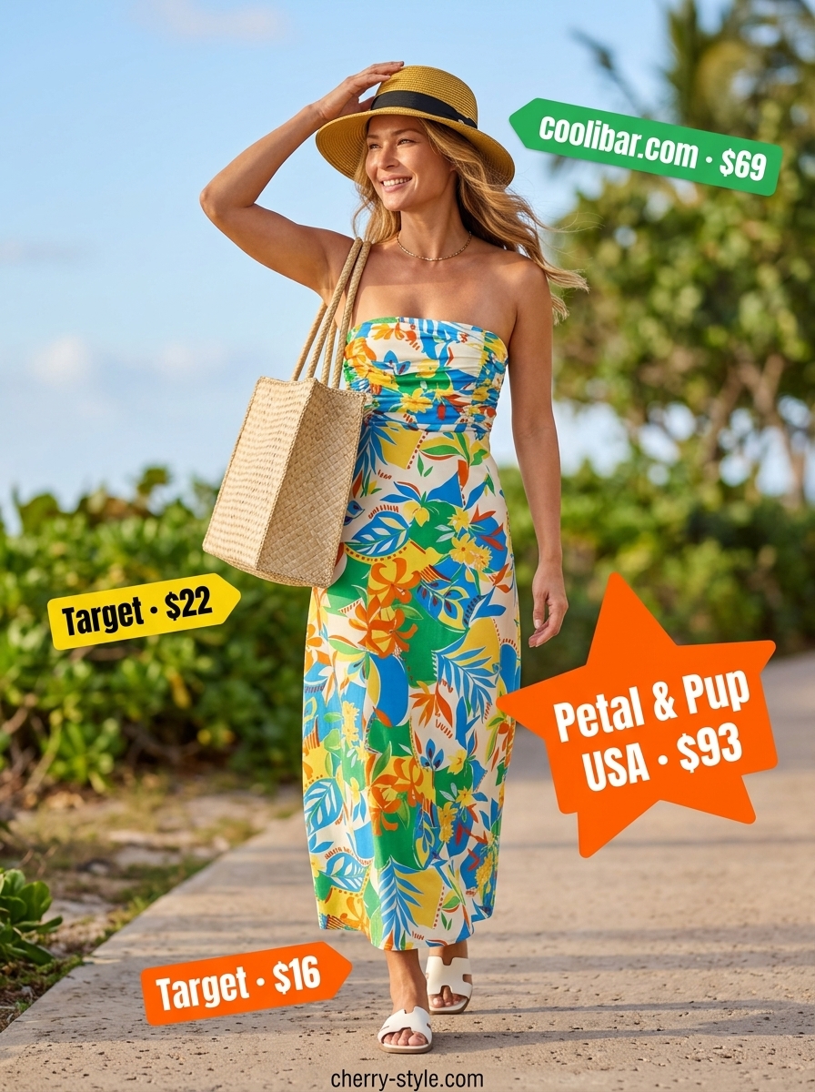 Vacation Summer Strapless Romper 2026 Vacation ready tropical print strapless romper outfit for summer 2026. Playful resort style with slide sandals and sun hat.