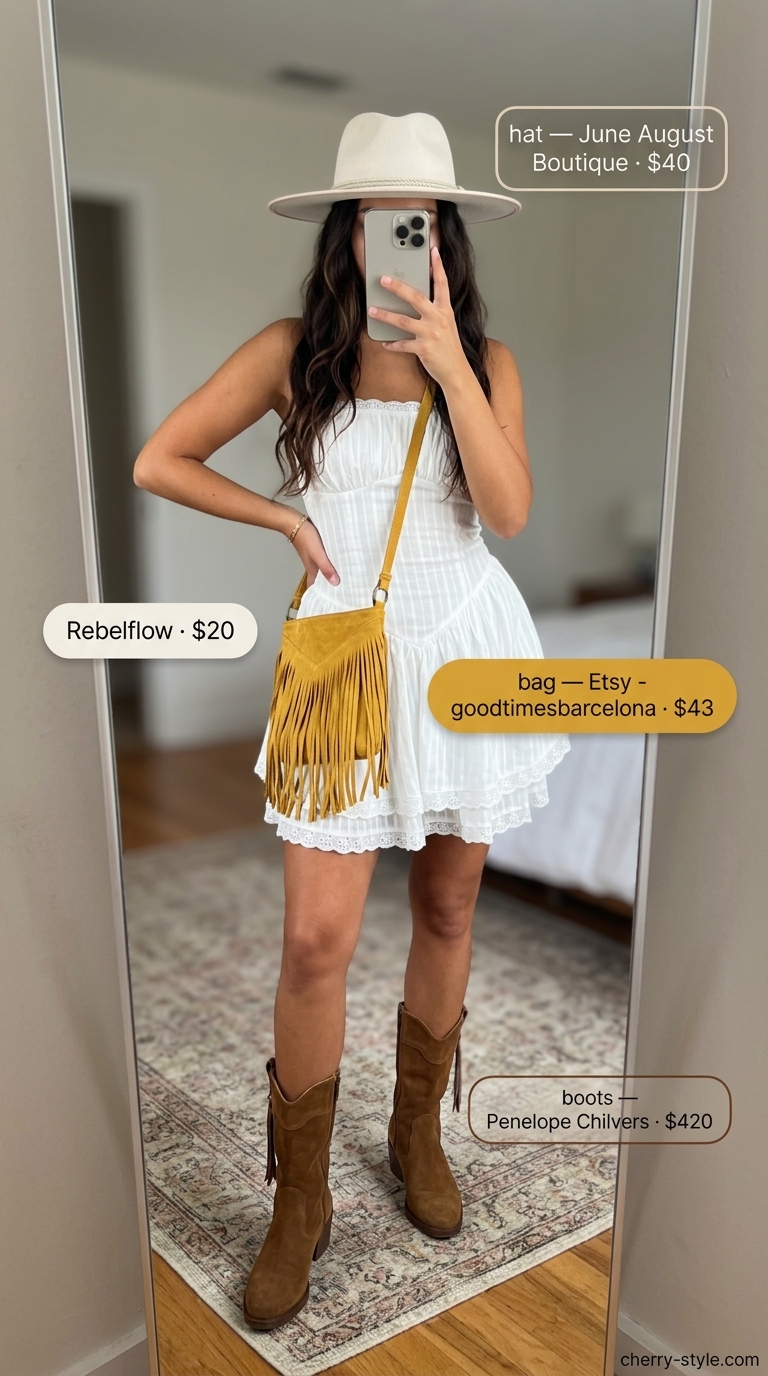 Boho Festival Strapless Dress Outfits 2026 Boho white eyelet strapless mini dress outfit for summer festivals 2026.