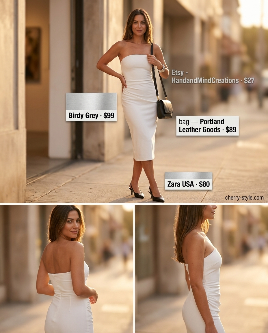 Minimalist Summer Strapless Dress 2026 Chic white strapless sheath dress outfit for summer soirees 2026. Minimalist style with silver jewelry and black slingbacks.