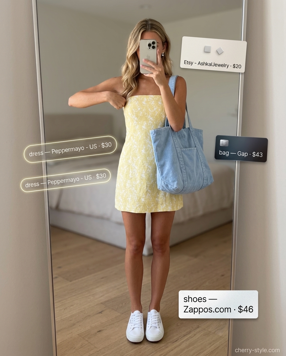 Casual Summer Strapless Dress 2026 Casual yellow floral strapless sundress outfit for beach days 2026. Sunny style with white sneakers and canvas tote.
