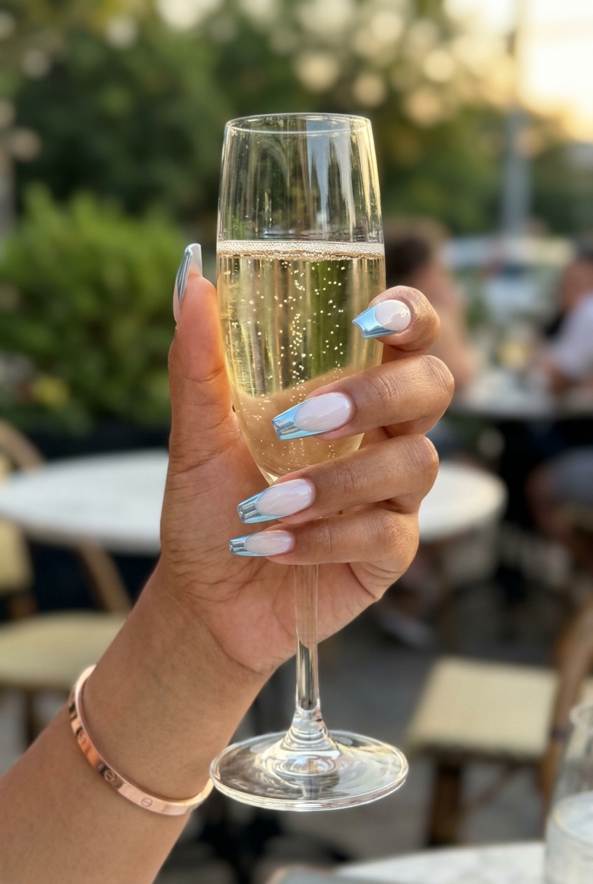 Arctic chrome French nails for summer vibes nails 2026, futuristic chic for date nights.