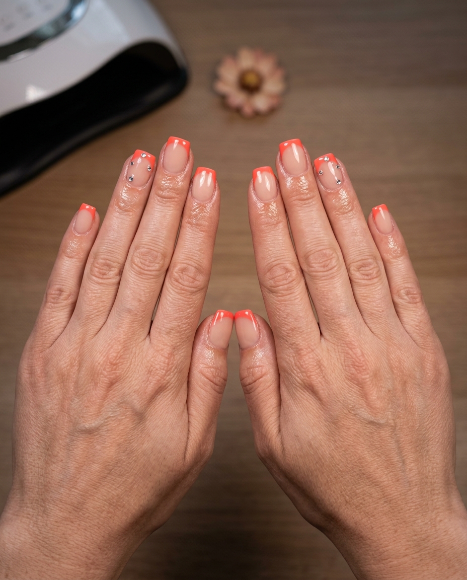 Coral French tip nails with rhinestones for summer vibes nails 2026. Energetic beach vacation style.