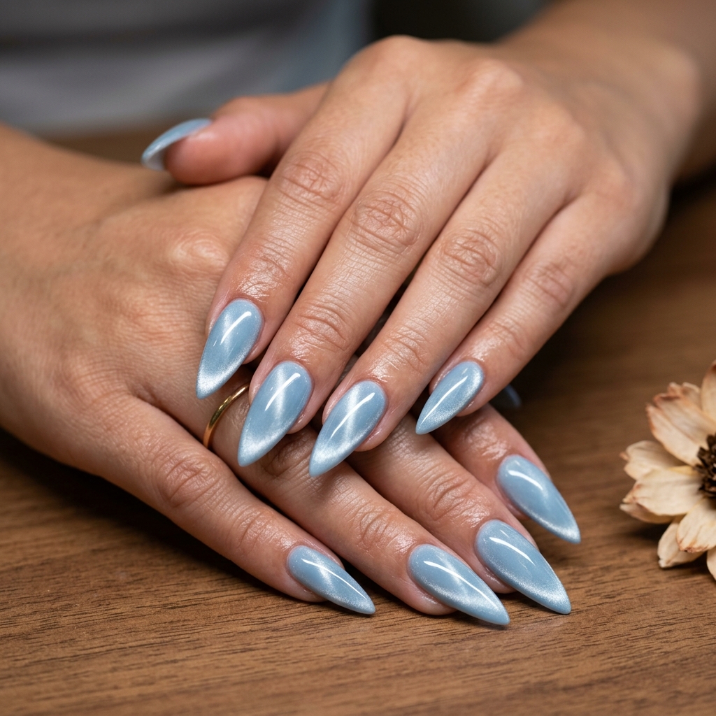 Icy blue cat-eye dream nails for summer vibes nails 2026, ethereal for parties.