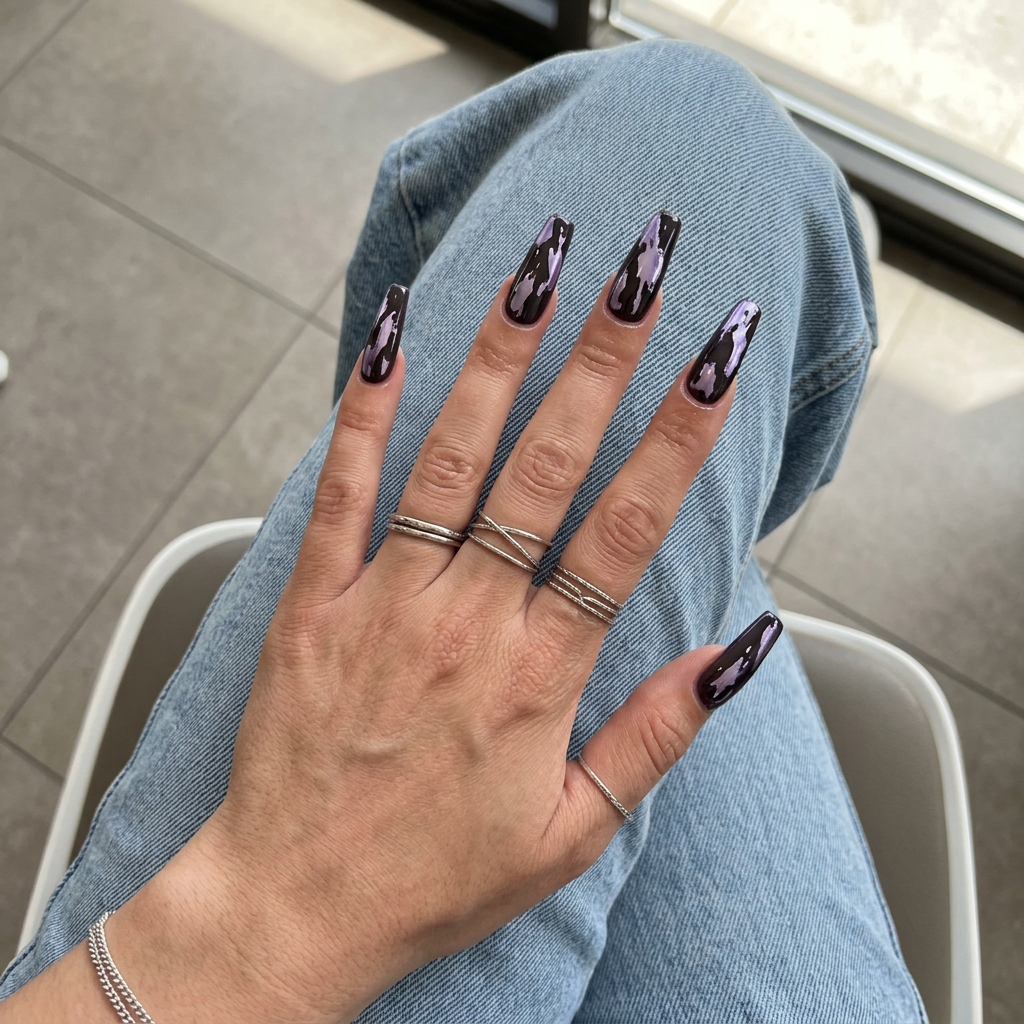 Lavender chrome abstract splash nails for summer vibes nails 2026, edgy for festivals.
