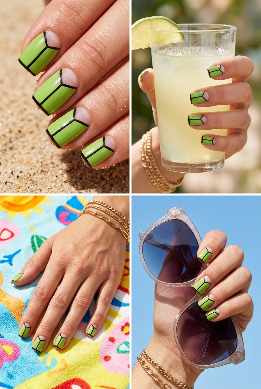 Lime green geometric negative space nails for summer vibes nails 2026. Edgy street style for festivals.